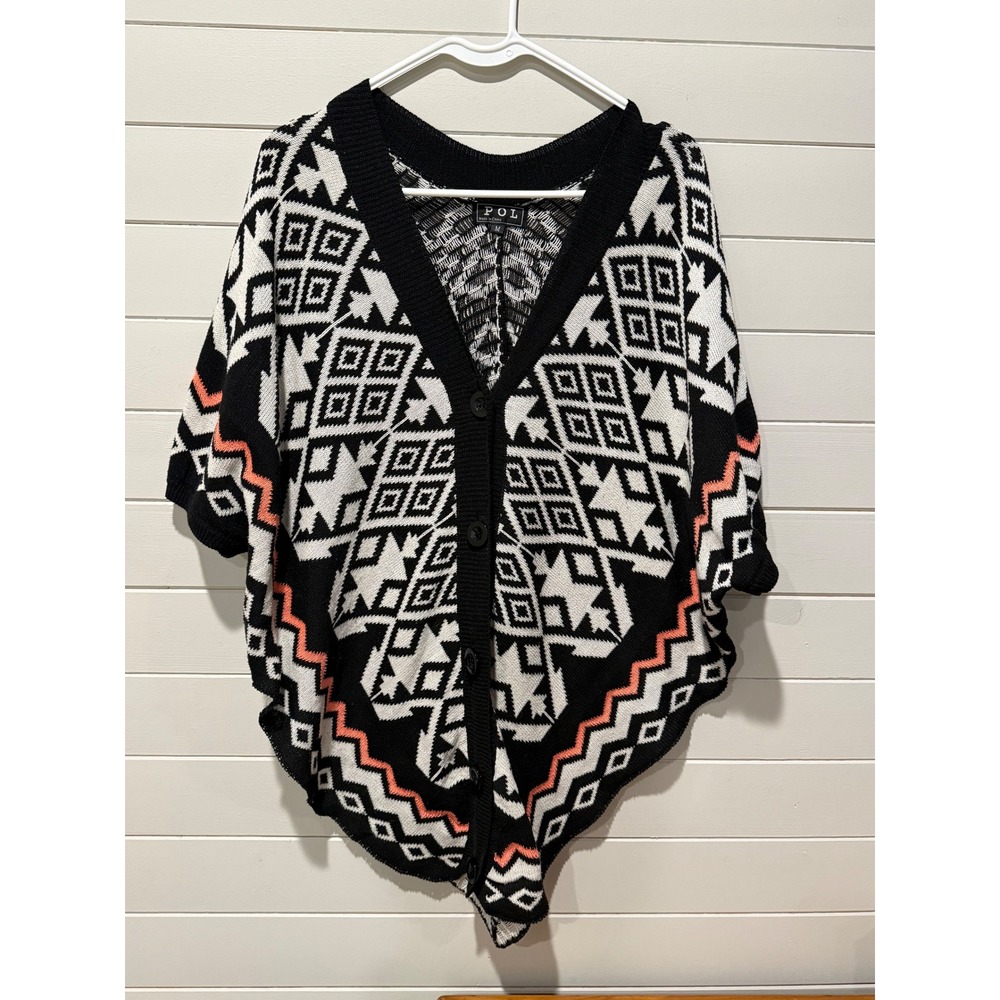POL Black White Aztec Geometric Print Kimono Cardigan Poncho Top Women's Medium